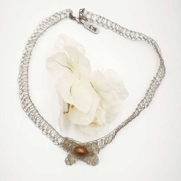Χειροποίητο Ασημένιο Choker Λαιμού με Πλεκτό Σύρμα & Μαργαριτάρι Καλλιέργειας