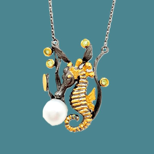 Handmade gold-plated pendant ''Hippocampus'' made of 925 silver with semi-precious stones