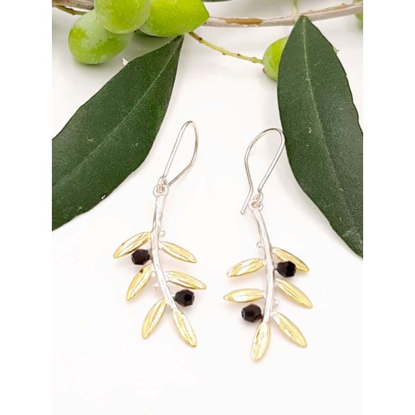  Σκουλαρίκια με φύλα ''ελιάς'' από επιχρυσωμένο ασήμι 925 και μαύρα ζιργκόν