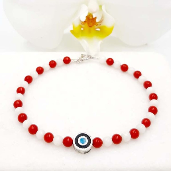 Handmade silver bracelet with ''Eye'' - March painted with enamel and with round red and white stones
