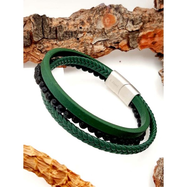 Ανδρικό πολύσειρο βραχιόλι με σταυρό & πλακέ μαύρα δέρματα και πέτρες με μαύρη λάβα