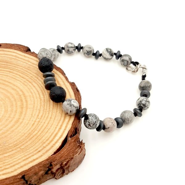 Men's handmade bracelet with mineral stones black hematite and jasper