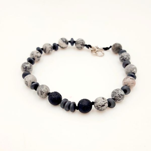 Men's handmade bracelet with mineral stones black hematite and jasper