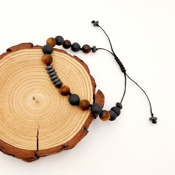 Ανδρικό χειροποίητο βραχιόλι από ορυκτές πέτρες μάτι τίγρη, μαύρη λάβα, και αιματίτη