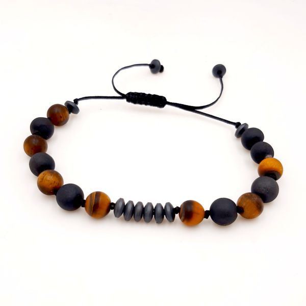 Ανδρικό χειροποίητο βραχιόλι από ορυκτές πέτρες μάτι τίγρη, μαύρη λάβα, και αιματίτη