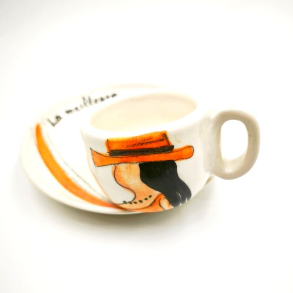 Χειροποίητη κεραμική κούπα espresso με πιατάκι πού γράφει La meilleure professeure