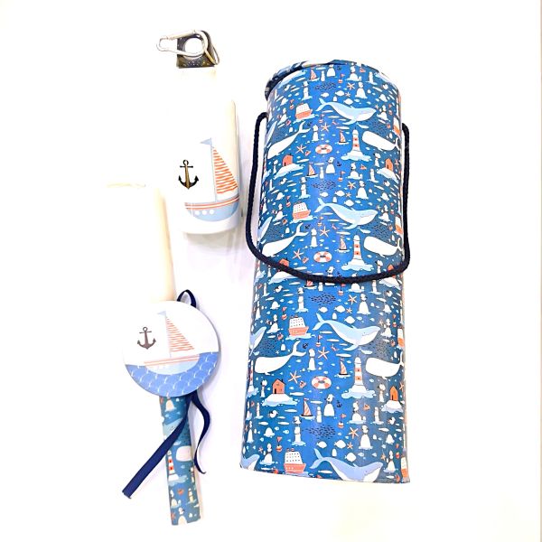 Λαμπάδα με καραβάκι σετ με παγούρι, και στρογγυλό κουτί συσκευασίας