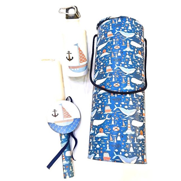 Λαμπάδα με καραβάκι σετ με παγούρι, και στρογγυλό κουτί συσκευασίας