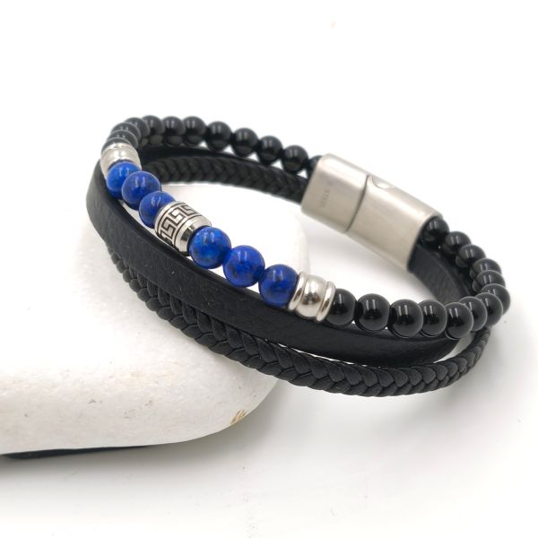 Ανδρικό πολύσειρο βραχιόλι με μαύρα  δέρματα και λάπις λάζουλι χάντρες