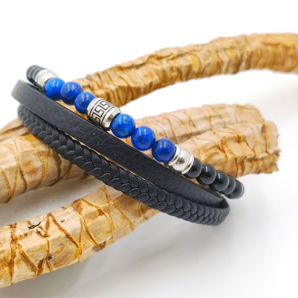 Ανδρικό πολύσειρο βραχιόλι με μαύρα  δέρματα και λάπις λάζουλι χάντρες