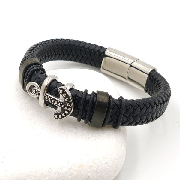  Ανδρικό βραχιόλι με Άγκυρα από ατσάλι και δέρμα