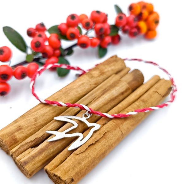 Handmade Martaki with ''Swallow'' made of matte 925 silver and waxed threads